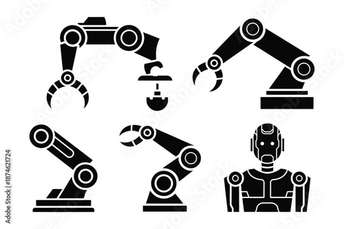 Industrial Automation and Robotic Technology Silhouette Icon Set