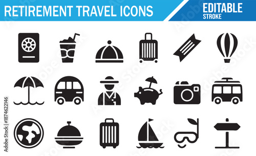 Senior Vacation Icon Pack - Black and White Vector Symbols for Travel and Leisure.