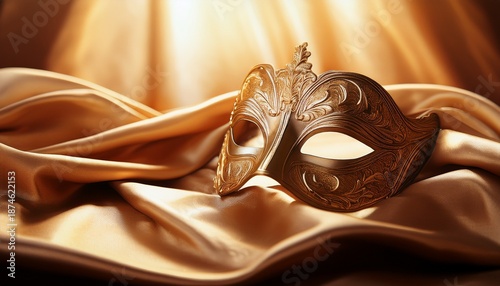 a luxurious elegant mask displayed on silken fabric evoking mystery and decadence bathed in the soft glow of natural light