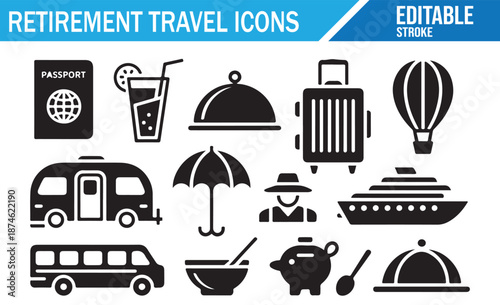 Retirement Travel Vector Icons Set - Editable Stroke Collection for Senior Holidays.