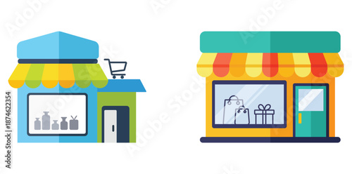 Flat Vector Illustration of Retail Store Fronts and Shop Icons; Colorful Small Business Buildings with Awnings, Display Windows, and Shopping Cart Symbols for E-commerce and Local Trade Design