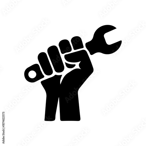 Strong human fist holding a wrench silhouette, professional repair and manual labor vector illustration, mechanic and handyman tool symbol, black and white industrial work emblem isolated on white