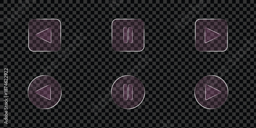 Sleek glass media player buttons with play, pause, and stop icons. Ideal for modern user interface design. Glassmorphism media player controls icon set with music, rewind, and fast forward buttons.