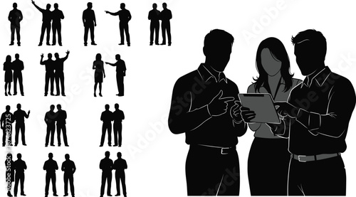 Business people discussion silhouettes set, teamwork meeting communication concepts, men women professional collaboration black white vector illustration collection