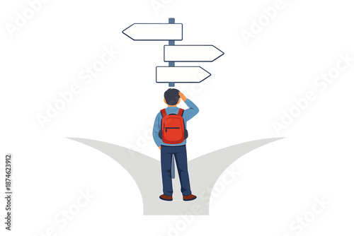 Confused student at a crossroads with multiple paths