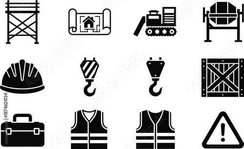 Construction safety icons set, scaffolding machinery tools helmet warning symbols, building industry equipment, engineering work illustration collection