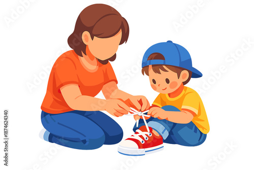 Mother teaching son to tie shoelaces
