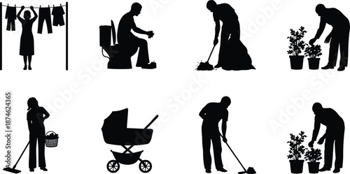 Daily household activities silhouettes set, cleaning gardening childcare laundry chores, men women routine lifestyle black white vector illustration