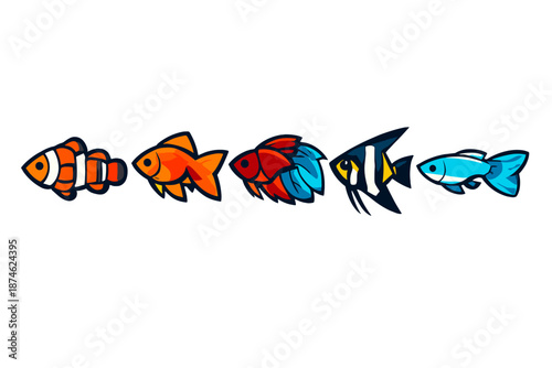 Five cartoon fish on a grey background