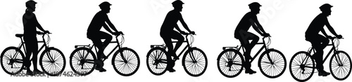 Cyclist silhouettes sequence, bicycle riding stages, urban commuting concept, healthy lifestyle sport activity, male rider motion cycle isolated vector illustration