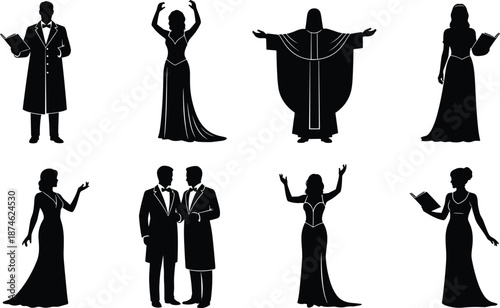 Elegant opera theater performers silhouettes, men women singers conductors actors, classic stage costumes black white vector illustration set