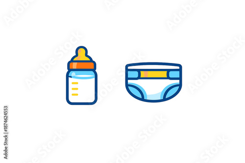 Baby bottle and diaper icons with glowing blue outline