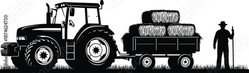 Farm tractor hauling hay bales, rural agriculture harvest concept, countryside farmer transport, organic food production illustration, silhouette graphic design