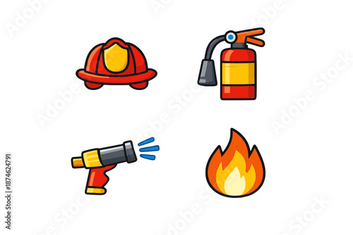 Firefighter equipment and fire icon set