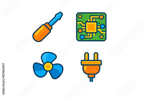 Set of four computer hardware icons on a dark background