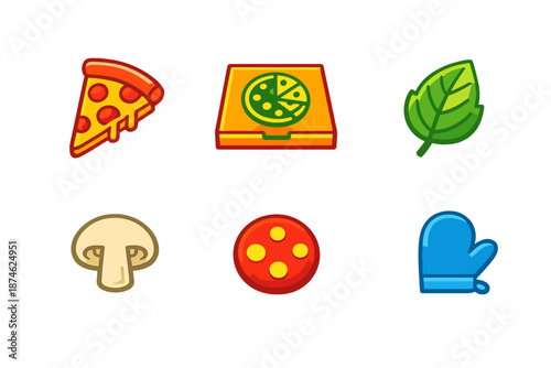 Six stylized pizza ingredient icons glowing on a dark background