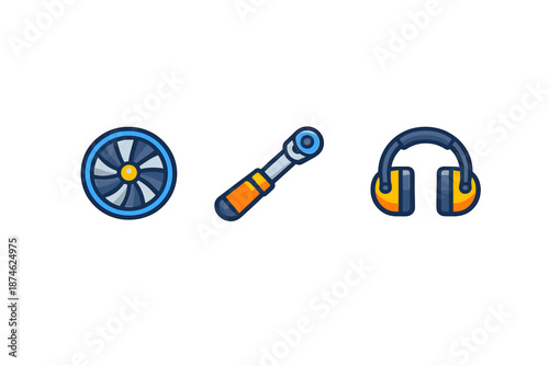 Three cartoon icons: fan, wrench, and headphones on a dark background