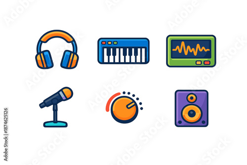 Music production icons on a dark background