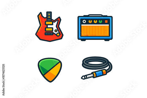 Guitar, Amplifier, Pick, and Cable Icons Set