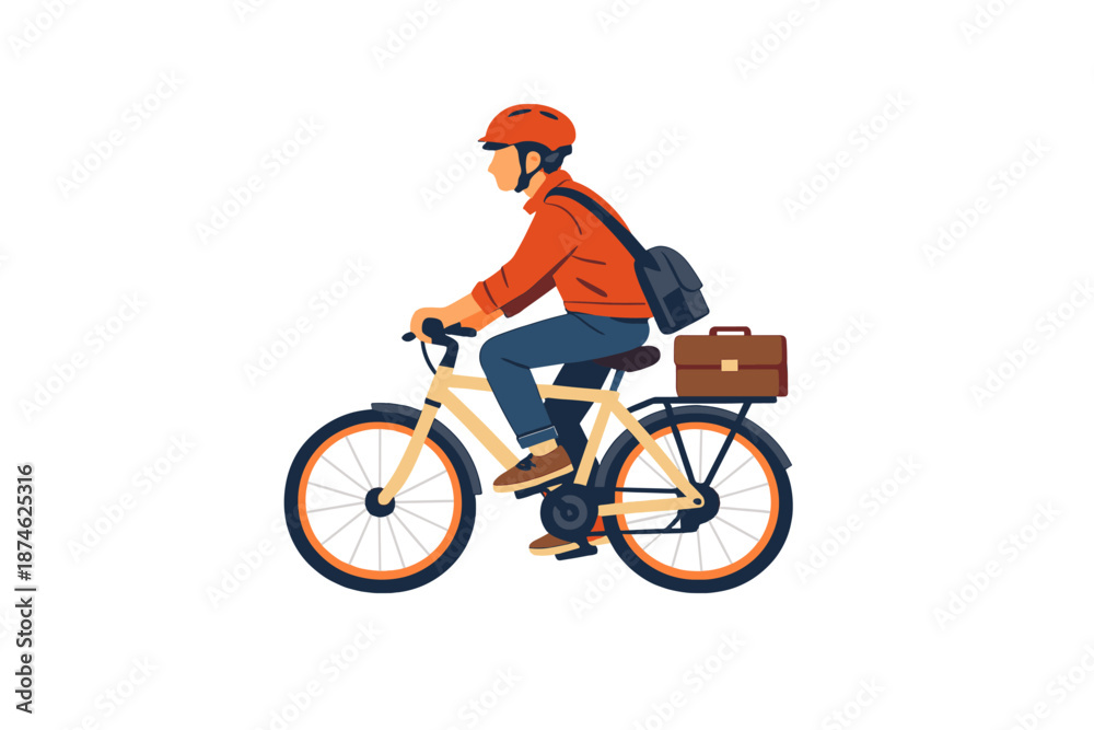 Obraz premium Man riding a bicycle with a briefcase and backpack