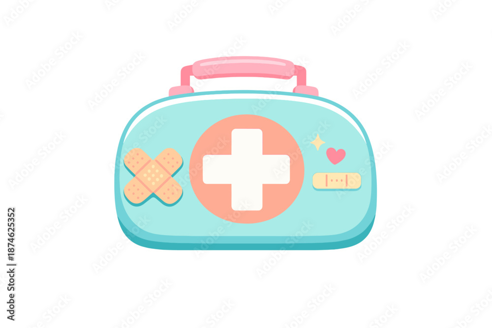 Fototapeta premium Cute Cartoon First Aid Kit with Medical Symbols