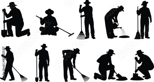 Gardening farmer silhouettes, rural garden workers activities, planting watering raking tools, organic agriculture lifestyle, outdoor yard work illustration set