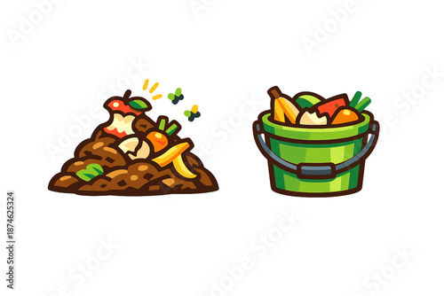 Composting icons: compost pile and bucket of food scraps