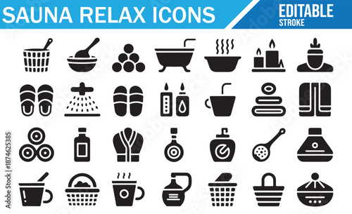 Sauna and Spa Relaxation Icons Vector Set with Editable Strokes, Including Towels, Candles, Shower, Bucket, and Robe