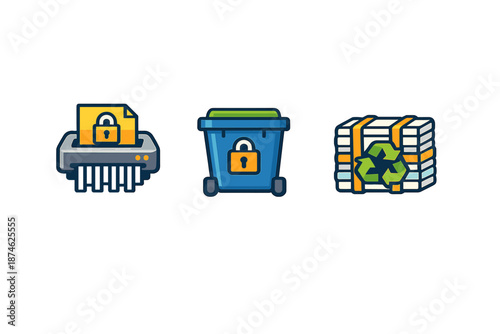 Secure document disposal and recycling icons
