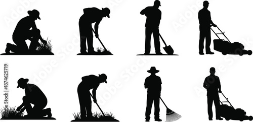 Lawn care worker silhouettes, gardening mowing trimming activities, yard maintenance tools usage, professional landscaping lifestyle, outdoor service illustration set