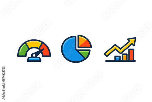 Set of three colorful infographic icons representing analytics and performance