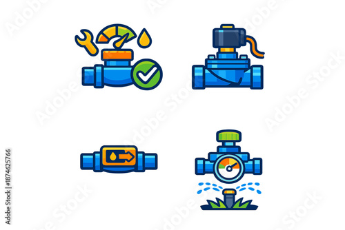 Set of four plumbing icons with neon glow effect