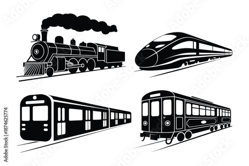 Modern and Vintage Train Engine Transportation Silhouettes
