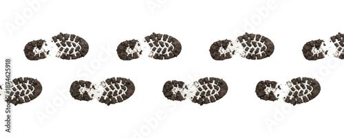 A collection of muddy boot prints resembling cookies on a, transparent background