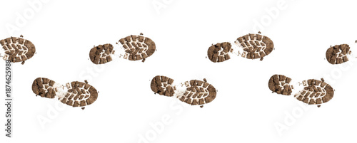 Multiple muddy boot prints, transparent background