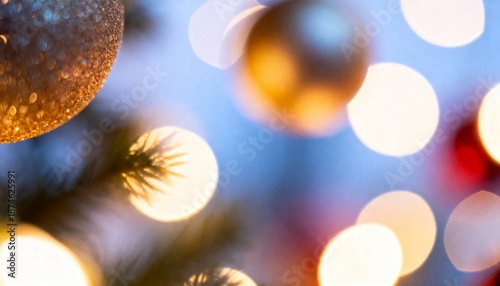 Abstract Christmas background with festive bokeh lights. Close-up of a shiny gold glitter ornament on a decorated tree. Holiday celebration wallpaper