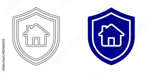 Security and Protection Icon: Shield with Padlock, Checkmark, User Identity, and Data Privacy, Bank Vault Door for Financial Safety, Blue Outline and Solid Vector Illustrations for Cybersecurity