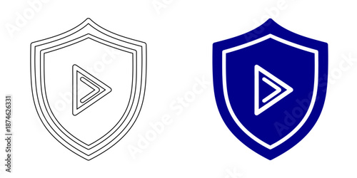 Security and Protection Icon : Shield with Padlock, Checkmark, User Identity, and Data Privacy, Bank Vault Door for Financial Safety, Blue Outline and Solid Vector Illustrations for Cybersecurity