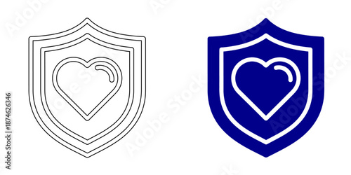 Security and Protection Icon : Shield with Padlock, Checkmark, User Identity, and Data Privacy, Bank Vault Door for Financial Safety, Blue Outline and Solid Vector Illustrations for Cybersecurity
