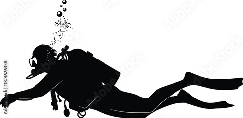 Scuba diver silhouette illustration, underwater swimming with oxygen tank, deep sea adventure concept, black shadow diver isolated white