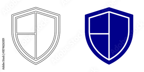 Security and Protection Icon: Shield with Padlock, Checkmark, User Identity, and Data Privacy, Bank Vault Door for Financial Safety, Blue Outline and Solid Vector Illustrations for Cybersecurity