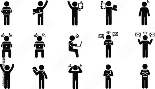 technology, silhouette, device, laptop, tablet, smartphone, posture, icon, illustration, vector, design, symbol, black, white, digital, interaction, communication, user, wireless, activity