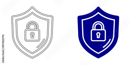 Security and Protection Icon , Shield with Padlock, Checkmark and Gear, Bank Vault Door for Financial Data Safety, Outline and Solid Blue Vector Illustrations for Cybersecurity