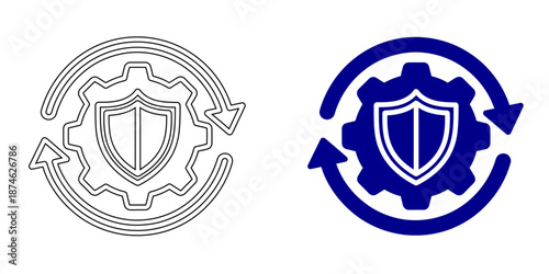 Security and Protection Icon : Bank Vault Door, Shield with Checkmark, Padlock Privacy, and Gear Security Settings. Outline and Solid Blue Vector Illustrations for Cybersecurity and Finance.
