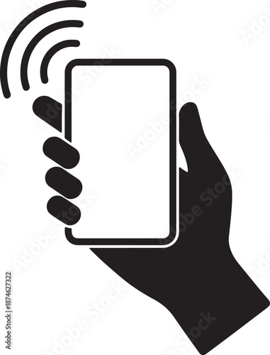 Black and white hand holding a smartphone with signal waves also transparent background