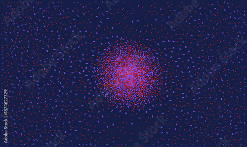 Abstract red and purple vector dispersion pattern on dark blue. Futuristic glowing particle explosion background or biological cell cluster. Chaos stipple texture art.