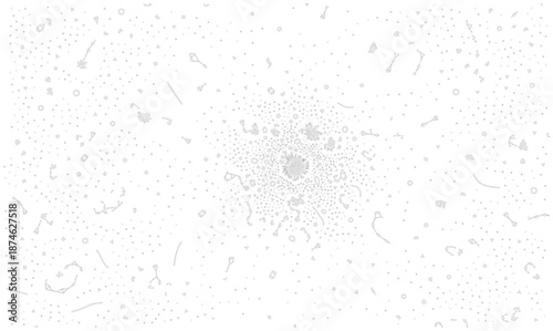 Microscopic scientific vector illustration of bacterial colony or cellular structure. Abstract medical research concept with gray microbes, germs, and organic particles scattered on white.