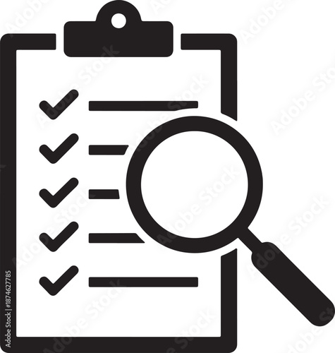 Black and white line of a clipboard with checkmarks and a magnifying glass examining the list also transparent background