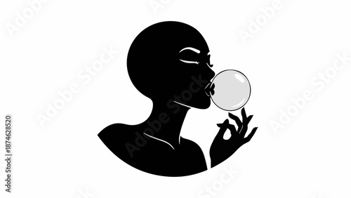 Stylish silhouette of a person blowing a large bubble with gum, a playful and whimsical moment.