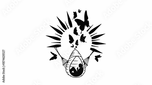 Person in a cocoon-like structure, surrounded by butterflies and radiating light, symbolizing hope and new beginnings.